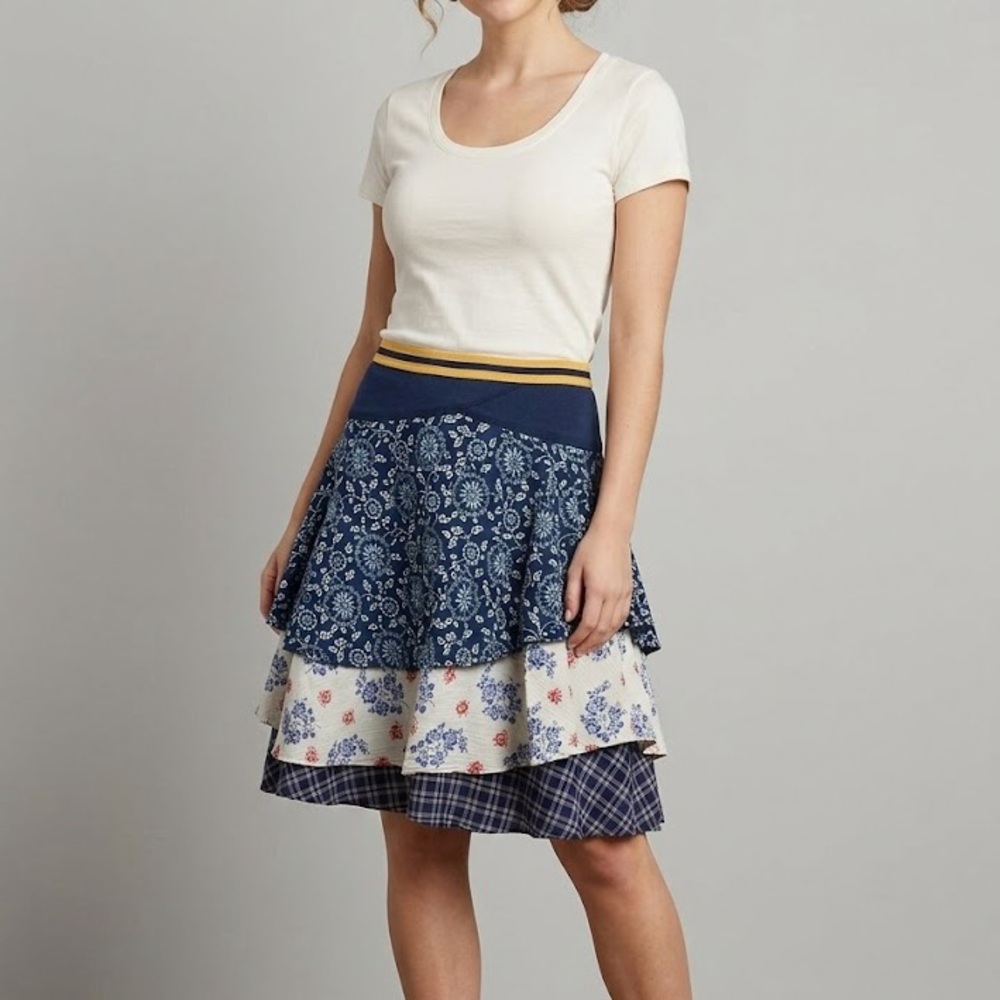 Free People Tiered Ruffled Blue & White Floral Print Knee Length Skirt